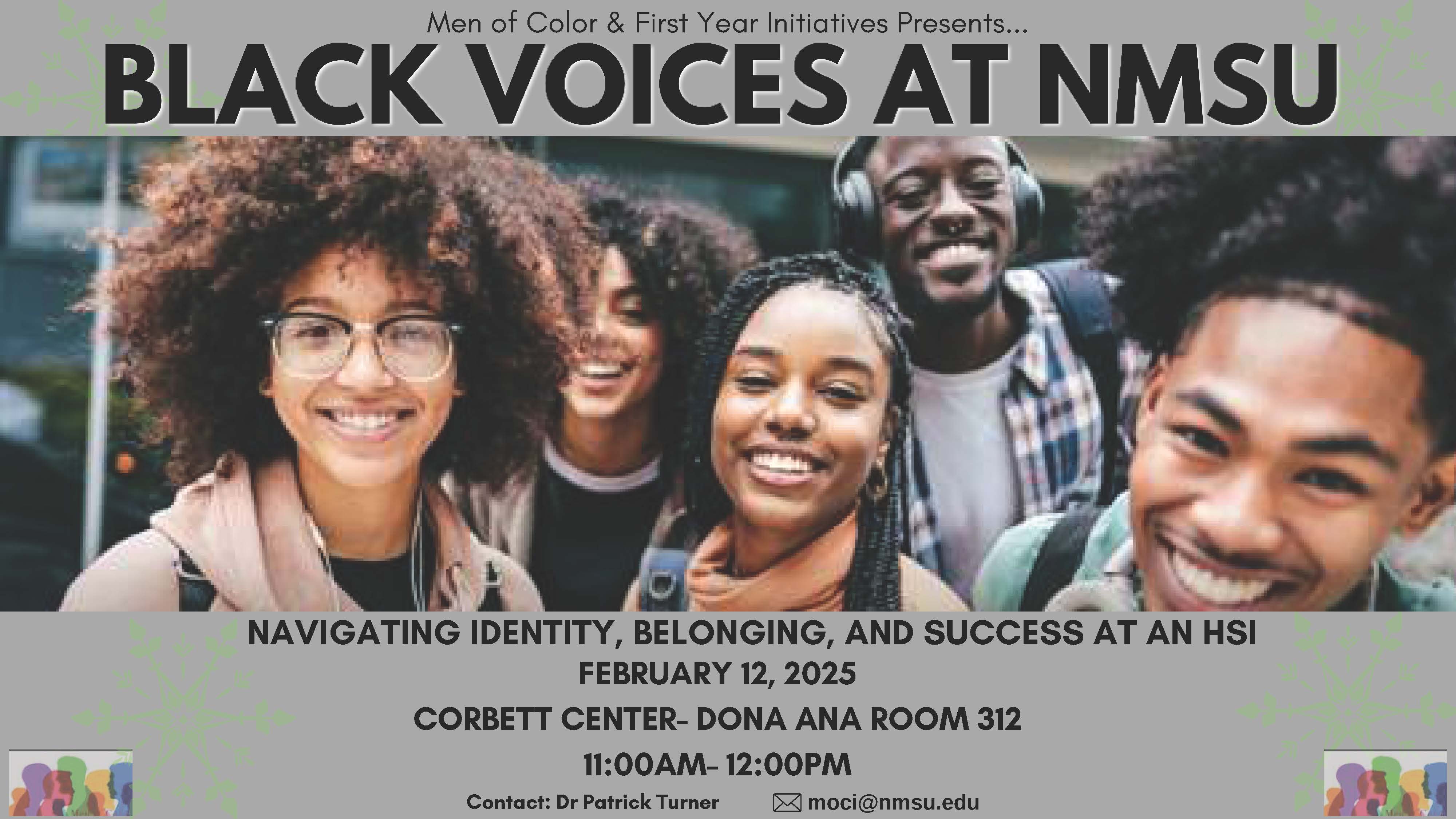 Flyer for Men of Color Black Voices event held on February 12 at Corbett Center Student Union Dona Ana Room 312 from 11 am to 12 pm.